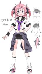 Rule 34 | 1girl, :d, ahoge, black choker, black ribbon, black sailor collar, black skirt, choker, clothes around waist, earrings, fang, full body, hair ribbon, hand on own hip, ixy, ixyv, jewelry, looking at viewer, navel, necktie, open mouth, original, pink footwear, pleated skirt, purple eyes, purple necktie, ribbon, sailor collar, shoes, short hair, short sleeves, skin fang, skirt, smile, socks, solo, standing, sweater, sweater around waist, twintails, virtual youtuber