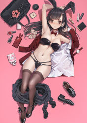 Rule 34 | 1girl, animal ears, armpits, arms up, bag, bare arms, bare shoulders, bikini, black bikini, black footwear, black hair, black skirt, blush, bow, bowtie, breasts, brown eyes, brown thighhighs, cellphone, cleavage, covered navel, detached collar, duffel bag, fake animal ears, from above, frown, groin, hairband, jacket, koh (minagi kou), large breasts, leotard, loafers, long hair, long sleeves, looking at viewer, lying, miniskirt, mole, mole under eye, multi-strapped bikini, navel, no bra, nose blush, on back, open clothes, open jacket, original, parted lips, phone, pink background, playboy bunny, pleated skirt, rabbit ears, red jacket, shoes, unworn shoes, skindentation, skirt, skirt around one leg, smartphone, solo, stomach, strapless, strapless bikini, string bikini, swimsuit, thighhighs, thighs