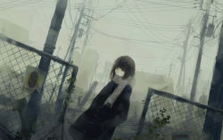 Rule 34 | 1girl, bad id, bad pixiv id, black eyes, black hair, building, bush, cable, chain-link fence, coat, dutch angle, expressionless, fence, fog, hands in pockets, hanno, house, long hair, looking away, muted color, original, plant, power lines, scarf, sign, solo, utility pole, vines, warning sign