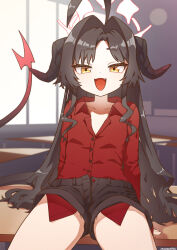 Rule 34 | 1girl, ahoge, black hair, black shorts, blue archive, demon girl, demon horns, desk, halo, highres, horns, indoors, kasumi (blue archive), long hair, looking at viewer, mountain han, on desk, open mouth, red shirt, school desk, shirt, shorts, sitting, smile, solo, yellow eyes