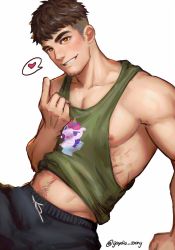Rule 34 | 1boy, bara, green tank top, greenteaa, highres, looking at viewer, male focus, mature male, muscular, muscular male, nipples, open mouth, original, pants, pectorals, short hair, sidepec, smile, solo, spiked hair, sweatpants, tank top, thick eyebrows
