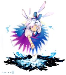 Rule 34 | 1girl, arm up, cirno, crystal, female focus, flying, ice, ice wings, looking at viewer, puffy short sleeves, puffy sleeves, red eyes, short hair, short sleeves, silver hair, simple background, solo, touhou, usapiyo, white background, wings