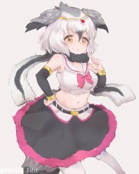 Rule 34 | 10s, 1girl, artist name, bare shoulders, belt, blush, bow, bowtie, breasts, cleavage, feathered wings, fur trim, greater rhea (kemono friends), grey background, grey hair, kemono friends, looking at viewer, medium breasts, midriff, miniskirt, multicolored hair, navel, orange eyes, pantyhose, scarf, simple background, skirt, smile, solo, tatsuno newo, tiara, two-tone hair, white hair, wings