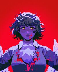 Rule 34 | 1girl, blood, blood on clothes, blood on face, brown hair, chimera, collared shirt, commentary, dungeon meshi, falin touden, falin touden (chimera), feathers, floating hair, highres, itsbabypears, monster girl, parted lips, red background, shirt, short hair, simple background, slit pupils, solo, upper body, wings, yellow eyes