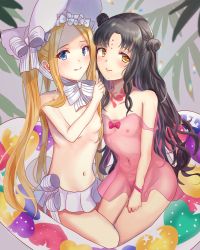 Rule 34 | 2girls, abigail williams (fate), abigail williams (swimsuit foreigner) (fate), bad id, bad pixiv id, bare shoulders, black hair, blonde hair, blue eyes, blush, bonnet, bow, breasts, chest tattoo, closed mouth, covered erect nipples, double bun, dress swimsuit, facial mark, fate/grand order, fate (series), forehead, forehead mark, hair bow, hair bun, haruna chino, highres, index finger raised, innertube, long hair, looking at viewer, miniskirt, multicolored hair, multiple girls, navel, nipples, one-piece swimsuit, parted bangs, pink hair, pink one-piece swimsuit, see-through, sessyoin kiara, sessyoin kiara (lily), sidelocks, skirt, small breasts, smile, streaked hair, swim ring, swimsuit, tattoo, thighs, topless, twintails, very long hair, wavy hair, white bow, white headwear, white skirt, yellow eyes