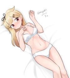 Rule 34 | 1girl, absurdres, blonde hair, blunt bangs, breasts, dated, feet out of frame, hair flaps, hair ornament, hair ribbon, hairclip, highres, kantai collection, long hair, lying, maru (marg0613), medium breasts, navel, one-hour drawing challenge, red eyes, ribbon, solo, twitter username, underwear, underwear only, yuudachi (kancolle), yuudachi kai ni (kancolle)