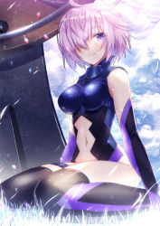 Rule 34 | 1girl, ahoge, armor, arms at sides, bare shoulders, black thighhighs, blurry, bokeh, breasts, cloud, cloudy sky, day, depth of field, elbow gloves, fallstreak hole, fate/grand order, fate (series), from side, full body, gloves, hair over one eye, halterneck, large breasts, leotard, light smile, looking at viewer, mash kyrielight, navel, outdoors, purple eyes, purple hair, revision, senoo aoi, shield, short hair, sitting, skin tight, sky, solo, stomach, thigh strap, thighhighs, thighs, wariza