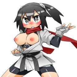 Rule 34 | 1girl, belt, bike shorts, black belt, black eyes, black footwear, black hair, breasts, breasts out, cannsk, clenched hand, commentary request, cowboy shot, dougi, fighting stance, kurogane arumi, large breasts, nipples, original, red scarf, scarf, serious, solo, twintails, v-shaped eyebrows