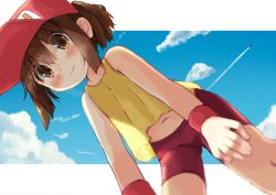 Rule 34 | 1girl, absurdres, bakusou kyoudai let&#039;s &amp; go!!, baseball cap, bike shorts, blouse, blush, brown eyes, brown hair, cloud, hands on own thighs, hat, highres, leaning forward, manabe mana, midriff, navel, outdoors, ponytail, red hat, red shorts, sagami jun, shirt, short hair, shorts, sky, sleeveless, sleeveless shirt, solo, thighs, wristband, yellow shirt
