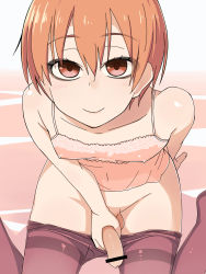 Rule 34 | 1boy, arm support, bar censor, brown eyes, brown hair, camisole, censored, clothes pull, covered erect nipples, crossdressing, eyelashes, eyeliner, foreskin, from above, highres, kinta (kinta no mousou), lingerie, looking at viewer, makeup, male focus, male masturbation, masturbation, original, pantyhose, pantyhose pull, penis, pointless censoring, sitting, smile, solo, thighband pantyhose, trap, underwear, wariza