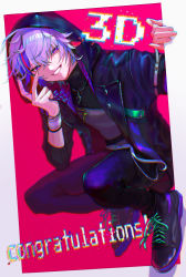 Rule 34 | 1boy, absurdres, belt, blurry, boots, bracelet, chain, chromatic aberration, coat, depth of field, english text, full body, fuwa minato, glitch, grin, hair between eyes, highres, hood, hood up, jacket, jewelry, kan no juusu, knees up, leather, leather jacket, looking at viewer, multicolored hair, necklace, nijisanji, padded coat, pendant, pink background, pink hair, pocket, purple eyes, purple hair, quilted coat, silver hair, simple background, smile, solo, turtleneck, virtual youtuber, zipper