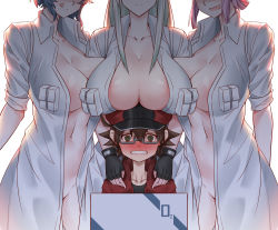 Rule 34 | 3girls, @ @, aa-2153, blue hair, breast rest, breasts, breasts on head, cabbie hat, cleavage, clenched teeth, coat, fingerless gloves, glasses, gloves, green eyes, h.carrrrrrot, hat, hataraku saibou, hataraku saibou black, head out of frame, highres, large breasts, licking lips, multiple girls, naked coat, open clothes, open coat, pink hair, red blood cell (hataraku saibou), short hair, smile, teeth, tongue, tongue out, u-1196, u-1212, u-8787, white blood cell (hataraku saibou), white hair