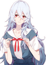 Rule 34 | 1girl, ayanami rei, blouse, blush, closed mouth, collarbone, evangelion: 3.0+1.0 thrice upon a time, hair between eyes, highres, ibaraki shun, long hair, looking at viewer, neck ribbon, neon genesis evangelion, rebuild of evangelion, red eyes, red ribbon, ribbon, school uniform, shirt, short sleeves, silver hair, simple background, smile, solo, straight hair, tokyo-3 middle school uniform, upper body, very long hair, white background, white shirt