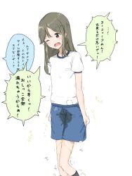 Rule 34 | 1girl, black socks, blue shorts, blush, breast pocket, brown eyes, brown hair, embarrassed, female focus, flat chest, gym uniform, have to pee, japanese text, knees together feet apart, long hair, matching hair/eyes, one eye closed, open mouth, original, parted bangs, pee, peeing, peeing self, pocket, raised eyebrows, shirt tucked in, short sleeves, shorts, sidelocks, simple background, socks, solo, speech bubble, standing, steam, talking, tears, translated, trembling, white background, wince, zagashira