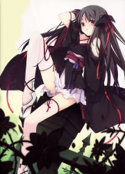 Rule 34 | 1girl, arm up, black hair, cover, cover page, detexted, fence, flower, highres, japanese clothes, kimono, legs, machine-doll wa kizutsukanai, off shoulder, red eyes, ribbon, ruroo, sitting, solo, thighhighs, third-party edit, white thighhighs, yaya (machine-doll)