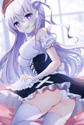 Rule 34 | 1girl, absurdres, alternate costume, ass, bare shoulders, blush, bow, breasts, dress, eneru (enepuni), enmaided, frilled dress, frills, hair bow, highres, index finger raised, indie virtual youtuber, large breasts, looking at viewer, maid, naito mare (vtuber), open mouth, over-kneehighs, panties, pantyshot, purple eyes, smile, thighhighs, thighs, underwear, upskirt, virtual youtuber, white hair