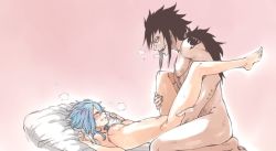 Rule 34 | 1boy, 1girl, barefoot, black hair, blue hair, blush, breasts, fairy tail, gajeel redfox, hetero, interracial, levy mcgarden, nipples, nude, panting, sex, small breasts, smile, sweat