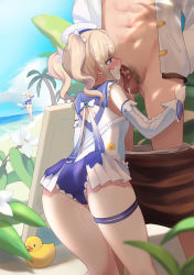 Rule 34 | 1boy, 2girls, absurdres, adapted costume, ass, barbara (genshin impact), barbara (summertime sparkle) (genshin impact), bare shoulders, beach, blonde hair, blue eyes, blue sailor collar, blush, clothes pull, cum, cum in mouth, cum on hair, day, detached sleeves, facial, fellatio, flower, frills, gem, genshin impact, hetero, highres, jacket, jean (genshin impact), kneeling, long hair, looking at penis, multiple girls, navel, nose blush, official alternate costume, one-piece swimsuit, open clothes, open jacket, open mouth, oral, outdoors, pants, pants pull, penis, pussy juice, rubber duck, sailor collar, sky, solo focus, stealth sex, stray pubic hair, swimsuit, taotao, thigh strap, thighs, twintails, uncensored, white flower, white headwear