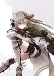 Rule 34 | 1girl, absurdres, arknights, armored boots, black gloves, black shorts, boots, bright pupils, closed mouth, e-bushi, fartooth (arknights), feather hair, gloves, grey hair, gun, highres, holding, holding weapon, knee boots, knee pads, long hair, long sleeves, looking at viewer, pouch, rifle, shin guards, shirt, short shorts, shorts, simple background, sniper rifle, solo, thigh pouch, thigh strap, very long hair, visor (armor), weapon, white background, white shirt, yellow eyes