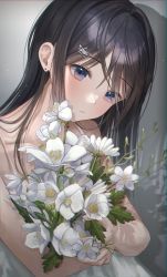 Rule 34 | 1girl, bare shoulders, black hair, blue eyes, blush, bouquet, dress, earrings, expressionless, flower, hair ornament, head tilt, highres, holding, holding bouquet, jewelry, long hair, looking at viewer, myowa, original, parted lips, shadow, sleeveless, sleeveless dress, solo, spaghetti strap, white dress, white flower