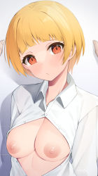 Rule 34 | 1girl, binsen, blonde hair, blunt bangs, breasts, breasts out, closed mouth, collared shirt, fukuda noriko, highres, idolmaster, idolmaster million live!, long sleeves, looking at viewer, medium breasts, nipples, pov, pov hands, red eyes, shirt, short hair, solo focus, upper body, white shirt