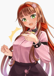 Rule 34 | 1girl, ^^^, black skirt, blunt bangs, brown hair, collared shirt, green eyes, hairband, helena (kancolle), kantai collection, long hair, looking at viewer, mayura (lucadia), official alternate costume, pink shirt, red hairband, shirt, simple background, skirt, smile, solo, white background