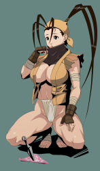 Rule 34 | 1girl, bandages, barefoot, black hair, breasts, capcom, cleavage, clothes on floor, feet, fingerless gloves, fundoshi, gloves, hero (do-belman), highres, ibuki (street fighter), japanese clothes, kneeling, kunai, large breasts, long hair, ninja, open clothes, open shirt, panties, shirt, solo, source request, street fighter, street fighter iii (series), sweatdrop, toeless legwear, toes, underwear, weapon