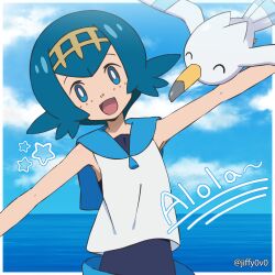 Rule 34 | 1girl, :d, bare arms, blue eyes, blue hair, blue sailor collar, bright pupils, cloud, commentary, creatures (company), day, game freak, gen 3 pokemon, hairband, jiffy0v0, lana (pokemon), nintendo, open mouth, outdoors, outstretched arms, pokemon, pokemon (creature), pokemon sm, sailor collar, shirt, short hair, sky, sleeveless, sleeveless shirt, smile, star (symbol), swimsuit, swimsuit under clothes, tongue, white pupils, white shirt, wingull, yellow hairband