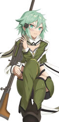 1girl anti-materiel_rifle aqua_eyes aqua_hair black_footwear black_jacket black_leotard black_scarf black_shorts blush bolt_action breasts cleavage closed_mouth commentary full_body green_jacket green_pants gun hair_between_eyes hair_ornament hairclip highres holding holding_gun holding_weapon jacket leotard light_smile long_sleeves looking_at_viewer multicolored_clothes multicolored_jacket open_clothes open_jacket pants pgm_hecate_ii rifle scarf short_hair shorts sidelocks simple_background sinon sitting small_breasts sniper_rifle solo sugi87109600 sword_art_online two-tone_leotard two-tone_scarf weapon white_background white_jacket white_leotard white_scarf