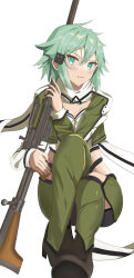 Rule 34 | 1girl, anti-materiel rifle, aqua eyes, aqua hair, black footwear, black jacket, black leotard, black scarf, black shorts, blush, bolt action, breasts, cleavage, closed mouth, commentary, full body, green jacket, green pants, gun, hair between eyes, hair ornament, hairclip, highres, holding, holding gun, holding weapon, jacket, leotard, light smile, long sleeves, looking at viewer, multicolored clothes, multicolored jacket, open clothes, open jacket, pants, pgm hecate ii, rifle, scarf, short hair, shorts, sidelocks, simple background, sinon, sitting, small breasts, sniper rifle, solo, sugi87109600, sword art online, two-tone leotard, two-tone scarf, weapon, white background, white jacket, white leotard, white scarf