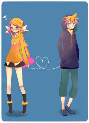 Rule 34 | 1boy, 1girl, bad id, bad pixiv id, bandaid, blonde hair, blue eyes, blush, brother and sister, casual, heart, highres, hood, hoodie, kagamine len, kagamine rin, long sleeves, short hair, siblings, simple background, skirt, sleeves past wrists, temari (deae), twins, twintails, vocaloid