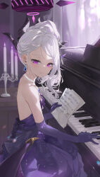 Rule 34 | 1girl, black horns, black wings, blue archive, breasts, candle, closed mouth, dema hmw, demon horns, demon wings, dress, earrings, elbow gloves, gloves, grand piano, grey hair, halo, highres, hina (blue archive), hina (dress) (blue archive), horns, instrument, jewelry, long hair, multiple horns, necklace, official alternate costume, piano, purple dress, purple eyes, purple gloves, sheet music, small breasts, smile, solo, sparkle, strapless, strapless dress, wings