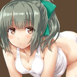 Rule 34 | 1girl, all fours, bare shoulders, bow, breasts, brown eyes, cleavage, close-up, collarbone, dd (ijigendd), folded ponytail, green bow, grey hair, hair bow, highres, kantai collection, long hair, looking at viewer, medium breasts, midriff, panties, ponytail, solo, tank top, undershirt, underwear, white tank top, yuubari (kancolle)