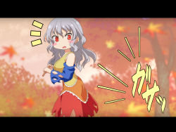 Rule 34 | 1girl, :o, autumn, bare shoulders, blush, cato (monocatienus), chibi, commentary request, detached sleeves, dress, grey hair, letterboxed, long hair, looking back, multicolored clothes, multicolored dress, red eyes, sakata nemuno, solo, touhou, v-shaped eyebrows, wavy hair