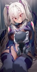 Rule 34 | 1girl, absurdres, black thighhighs, bodysuit, breasts, cropped hoodie, grey bodysuit, grey hair, highres, hood, hoodie, horns, indie virtual youtuber, large breasts, long hair, long sleeves, looking at another, marse (rokudaime), mechanical horns, mechanical tail, non-humanoid robot, open mouth, red eyes, robot, robot animal, robot dog, saruei (vtuber), scar, scar across eye, sitting, tail, thighhighs, twintails, very long hair, virtual youtuber