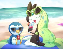 Rule 34 | beach, blue sky, blush, can, closed eyes, creatures (company), day, drink, drink can, drinking straw, eyewear on head, facing viewer, game freak, gen 4 pokemon, gen 5 pokemon, glasses, legendary pokemon, meloetta, meloetta (aria), mythical pokemon, nintendo, non-web source, open mouth, outdoors, pink (4chan), piplup, pokemon, pokemon (creature), sitting, sky, soda can, sunglasses, towel, water