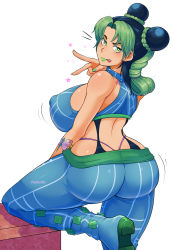 Rule 34 | 1girl, ass, birthmark, black hair, blue footwear, blue pants, blue shirt, boots, breasts, butt crack, butterfly tattoo, come hither, crop top, g-string, green eyes, green hair, green lips, green nails, highres, huge ass, jojo no kimyou na bouken, kuujou jolyne, large areolae, large breasts, lipstick, looking at viewer, looking back, makeup, multicolored hair, nail polish, pants, pinkkoffin, shirt, sideboob, simple background, sleeveless, sleeveless shirt, stone ocean, tattoo, thick thighs, thighs, thong, tight clothes, tight pants, tongue, tongue out, two-tone hair, white background