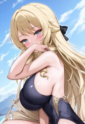 Rule 34 | 1girl, beach, black one-piece swimsuit, blonde hair, blue eyes, blue sky, blush, breasts, cloud, crossed legs, day, drill hair, drill sidelocks, flower, gem, genshin impact, hat, highres, large breasts, looking at viewer, lunacle, navia (genshin impact), one-piece swimsuit, outdoors, sideboob, sidelocks, sitting, sky, solo, straw hat, swimsuit