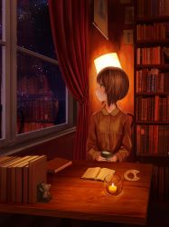 Rule 34 | 10s, 1girl, absurdres, boko (girls und panzer), book, bookshelf, brown eyes, brown hair, candle, chair, cup, curtains, desk, ginrin shoujogun, girls und panzer, highres, indoors, lamp, looking outside, mug, night, nishizumi miho, open book, photo (object), reflection, short hair, sitting, sky, star (sky), starry sky, window