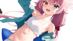 Rule 34 | 1girl, armpits, beads, bikini, blue archive, blue jacket, blush, breasts, collarbone, dutch angle, frilled bikini, frills, hair beads, hair ornament, heterochromia, highres, hoshino (blue archive), hoshino (swimsuit) (blue archive), jacket, looking at viewer, mannack, navel, pink hair, simple background, small breasts, smile, solo, swimsuit, twintails, white background, white bikini