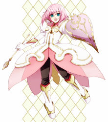 Rule 34 | 00s, 1girl, :d, boots, chirugekiai, dress, estellise sidos heurassein, full body, gloves, green eyes, happy, knee boots, open mouth, pants, pink hair, shield, short hair, smile, solo, tales of (series), tales of vesperia, wand, white gloves