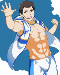 Rule 34 | 1boy, abs, bara, black hair, clenched hand, hand up, headset, hood, hood down, hooded jacket, idol, idolmaster, idolmaster side-m, jacket, large pectorals, looking at viewer, male focus, muscular, muscular male, navel, nipples, open clothes, open jacket, open mouth, pants, pectorals, purple eyes, shingen seiji, short hair, sleeveless, sleeveless jacket, smile, solo, uruonurun, white jacket, white pants