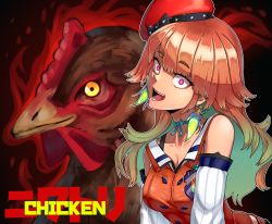 Rule 34 | 1girl, :d, absurdres, bare shoulders, bird, blonde hair, breasts, chicken, choker, cleavage, collarbone, crazy smile, crop top, detached sleeves, earrings, glowing, glowing eyes, hat, highres, hololive, hololive english, jewelry, long hair, looking at viewer, medium breasts, open mouth, purple eyes, ramiigotcha, red shirt, shirt, sleeveless, sleeveless shirt, smile, solo, takanashi kiara, takanashi kiara (1st costume), virtual youtuber