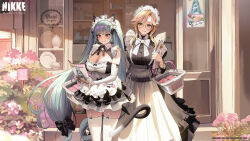 Rule 34 | absurdres, ade (nikke), animal ears, apron, artist request, basket, black dress, black footwear, blue hair, blush, breasts, brown eyes, brown hair, cafe, cat ears, cat girl, cat tail, cleavage, closed mouth, cropped, cup, dress, elbow gloves, embarrassed, false smile, garter straps, gloves, goddess of victory: nikke, green eyes, highres, holding, holding basket, holding flyer, large breasts, long hair, long sleeves, looking at another, maid, maid apron, official art, outdoors, privaty (nikke), privaty (unkind maid) (nikke), second-party source, shoes, sidelocks, smile, standing, tail, teacup, teapot, teeth, thighhighs, twintails, very long hair, watermark, white apron, white gloves, white thighhighs