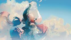 Rule 34 | 1girl, arms up, blue sky, bow, bowtie, cloud, commentary, dress, encore (wuthering waves), frilled skirt, frills, head back, highres, hollning, layered skirt, long hair, looking up, outdoors, pink hair, red bow, red bowtie, skirt, sky, solo, stuffed animal, stuffed sheep, stuffed toy, symbol-only commentary, twintails, upper body, very long hair, white dress, wuthering waves