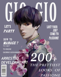 Rule 34 | 1boy, agentj, alternate hair color, alternate hairstyle, barcode, black hair, character name, cover, english text, fake cover, flower wreath, from side, giorno giovanna, haruno shiobana, jewelry, jojo no kimyou na bouken, magazine cover, male focus, necklace, purple eyes, solo, upper body, vento aureo