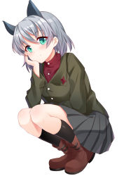 Rule 34 | 1girl, absurdres, animal ears, bad id, bad pixiv id, black legwear, boots, cat ears, green eyes, hand on own cheek, hand on own face, highres, lucha tongxie, military, military uniform, no tail, plaid, plaid skirt, red shirt, sanya v. litvyak, shirt, short hair, silver hair, skirt, smile, solo, squatting, strike witches, uniform, world witches series