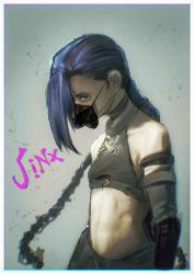 Rule 34 | 1girl, absurdres, arcane: league of legends, arcane jinx, bad id, bad pixiv id, bare shoulders, border, braid, character name, cloud tattoo, cowboy shot, crop top, detached sleeves, flat chest, gorilla(1844~), gradient background, grey background, hair over one eye, highres, jinx (league of legends), league of legends, long hair, mask, mouth mask, pants, respirator, stomach, stomach tattoo, tattoo, twin braids, white border
