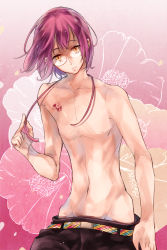 Rule 34 | 10s, 1boy, belt, expressionless, floral background, flower, glasses, gowther, male focus, nanatsu no taizai, pink hair, topless male, short hair, tattoo, yellow eyes