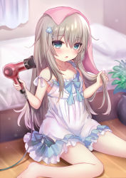 Rule 34 | 1girl, bad id, bad pixiv id, barefoot, bed, bedroom, blue eyes, brown hair, curtains, drying, drying hair, hair dryer, hair ornament, holding, holding own hair, indoors, long hair, muz nanoja, nightgown, on floor, open mouth, original, plant, potted plant, sitting, sleepwear, solo, towel, towel on head, white nightgown